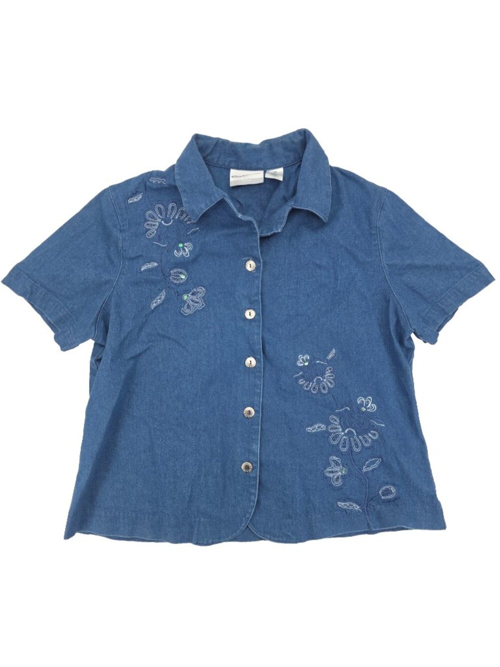 Alfred Dunner Button Shirt Womens 12P Petite Blue Sequin Embroidered Floral